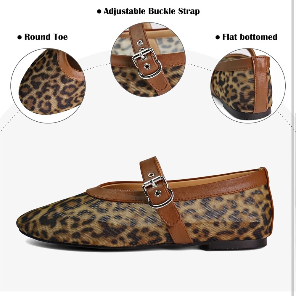 Leopard Mesh Ballet Flats W/ Round Toe Buckle Strap - Picture 7 of 8